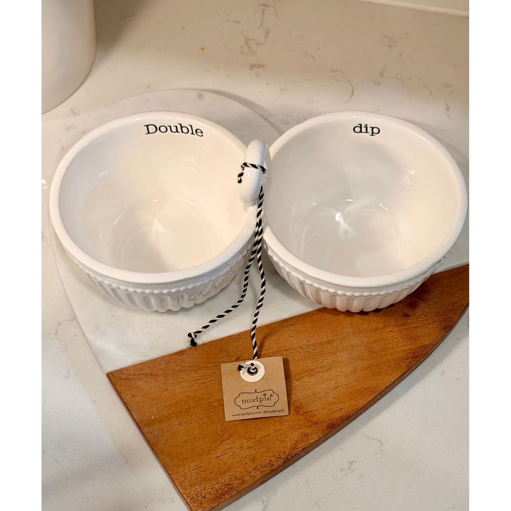 Mud Pie Circa White Ceramic Double Dip Serving Bowl Set with Handle 48500093